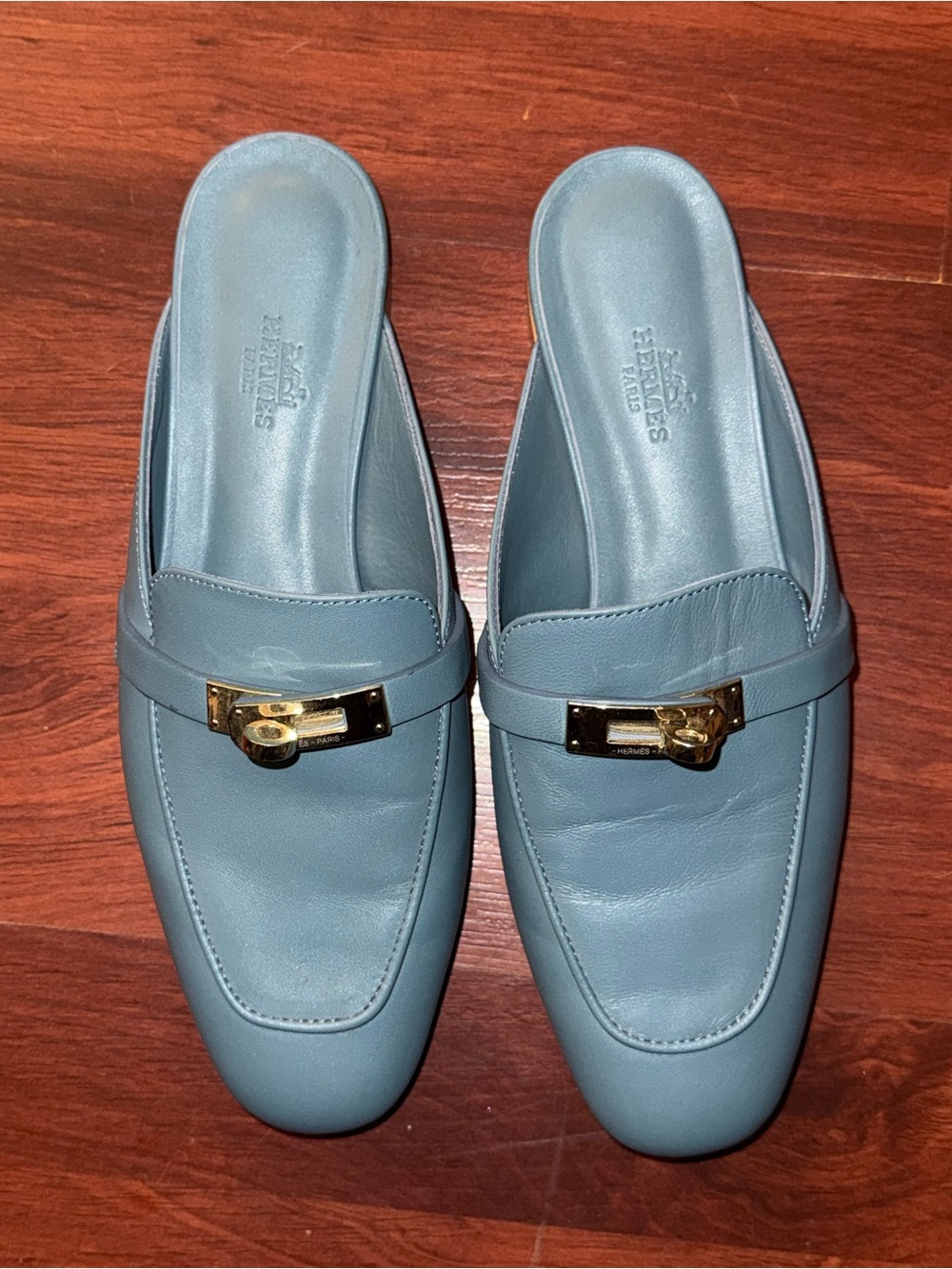 Hermes Teal Leather Backless Mule with Gold Hardware